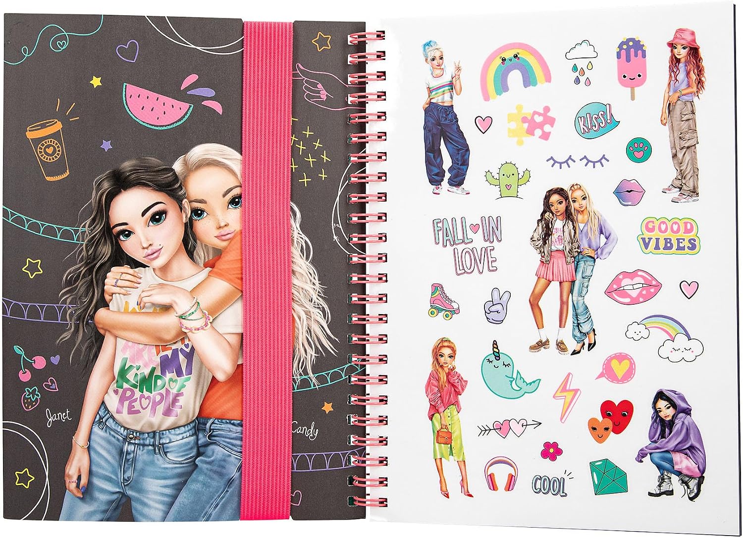 Detalle de Depesche 13217 TOPModel Neon Doodle – Set de coloriage noir & blanc avec 70 pages, 5 crayons gel néon et autocollants