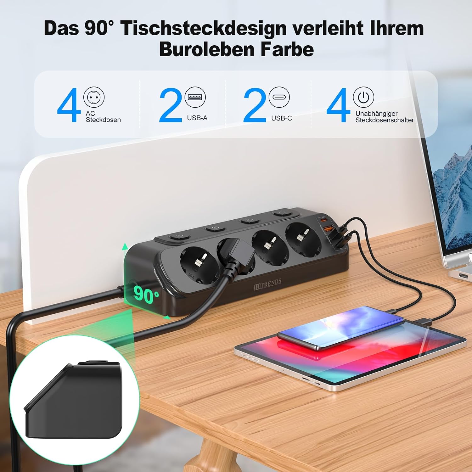 Detalle de Ecksteckdose 8‑in‑1 mit 2 USB und 2 Type‑C 🔌