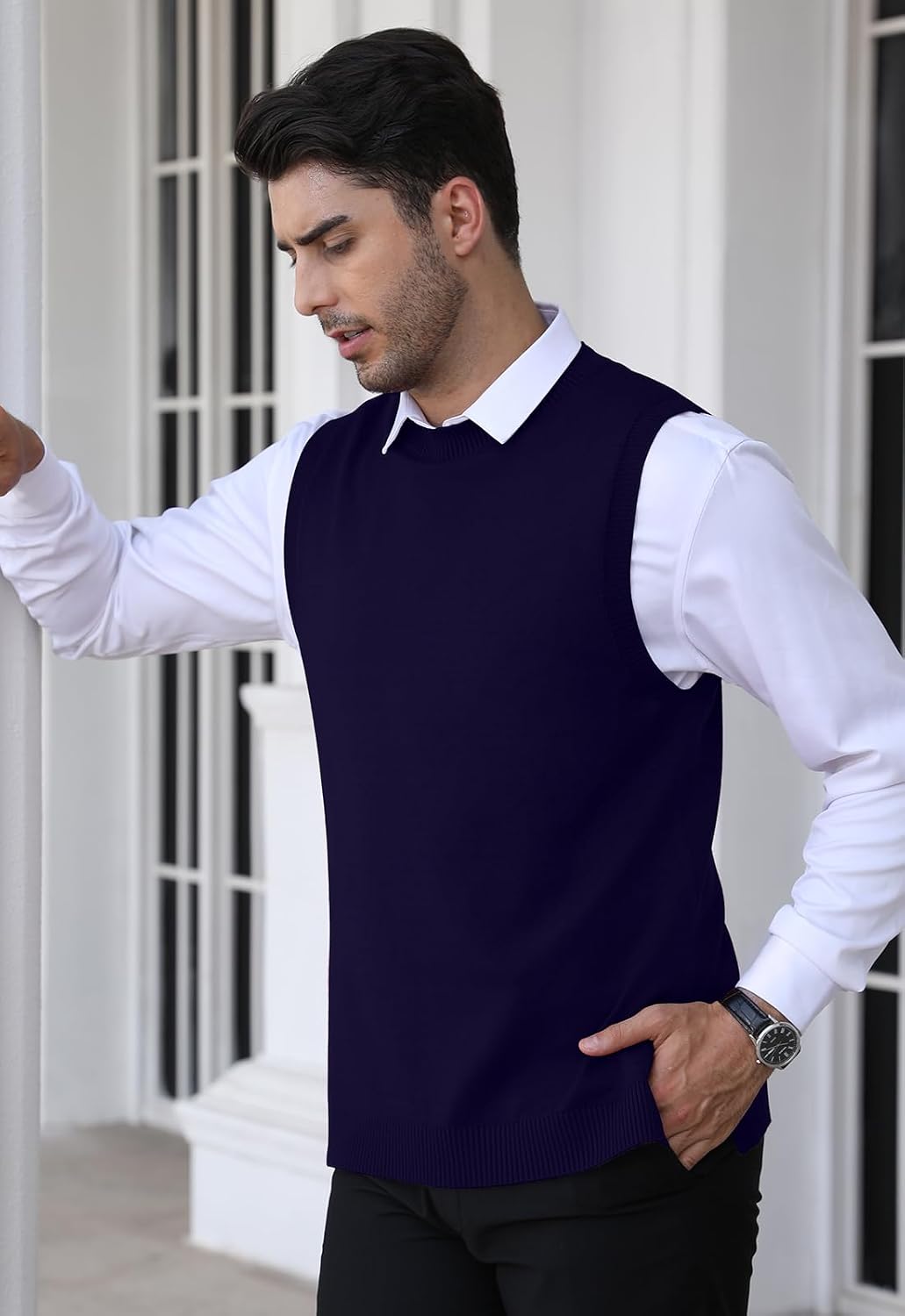 Detalle de KUYIGO Men's Sleeveless Vest: Classic Knitted Waistcoat for Smart-Casual Style