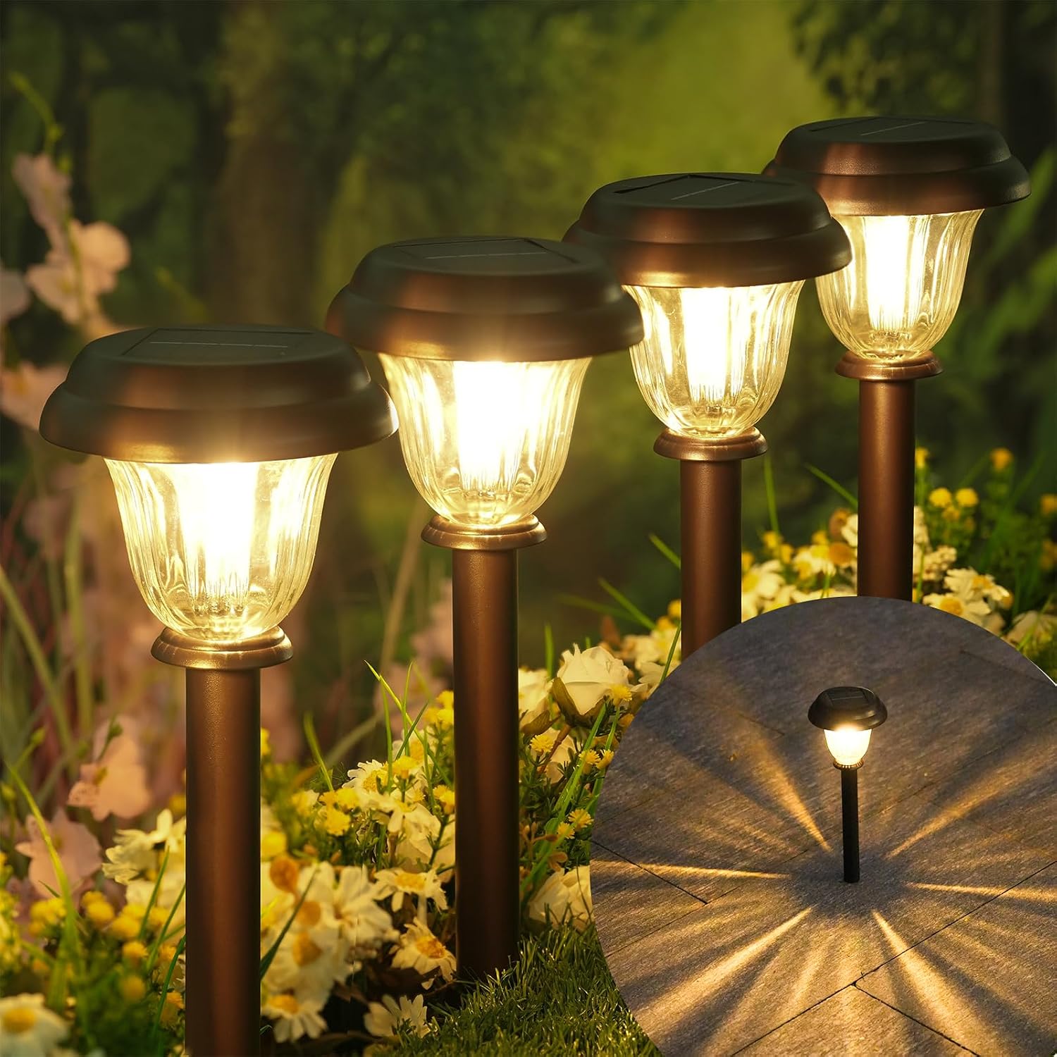 DERAYSION A115Z8PBR Solar Pathway Lights, 8-Pack Stainless Steel and Glass, Warm White