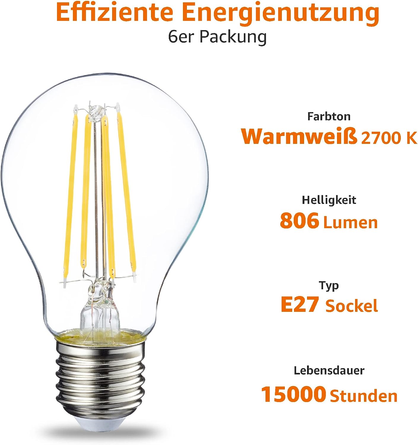 Detalle de Amazon Basics Warmweiß LED-Leuchtmittel, Edison-Sockel E27, 7 W (entspricht 60-W-Glühbirne), non-dimmbar, 6er-Pack