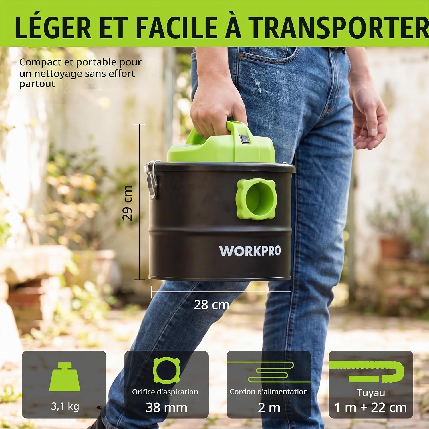 Detalle de WORKPRO aszuiger 10 l, 700 W met blaasfunctie en wasbaar F9-filter