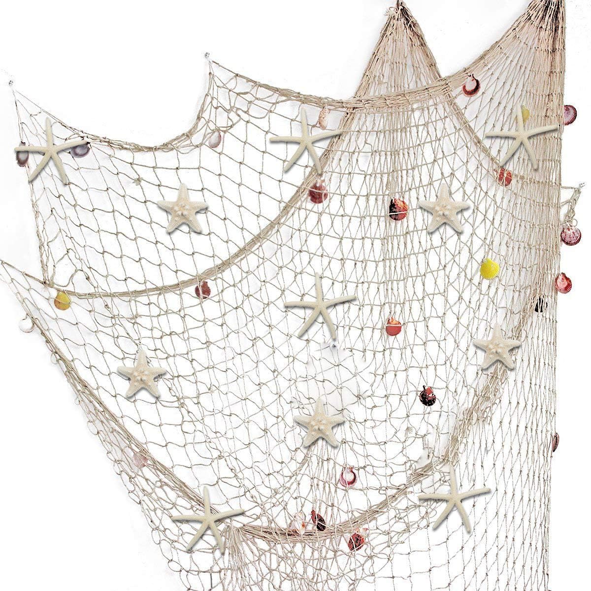 Thumbnail 6 de Nature Fish Net Wanddekoration mit Muscheln und 10 Seesternen – Mediterraner Stil, 150 cm × 200 cm