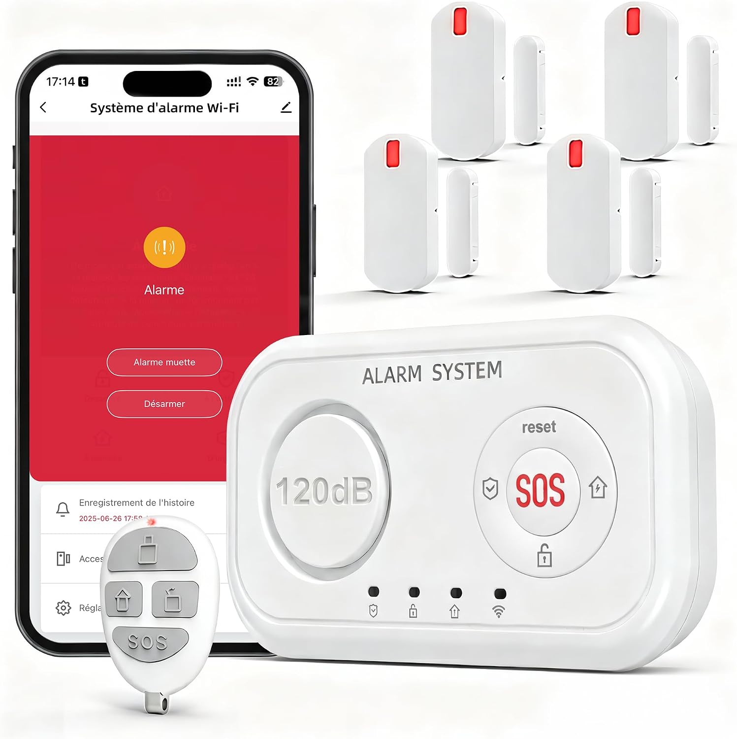 Detalle de YISEELE Alarme Maison sans Fil: Centrale 120 dB + Kit de 4 capteurs + commande – Alexa & Google Home
