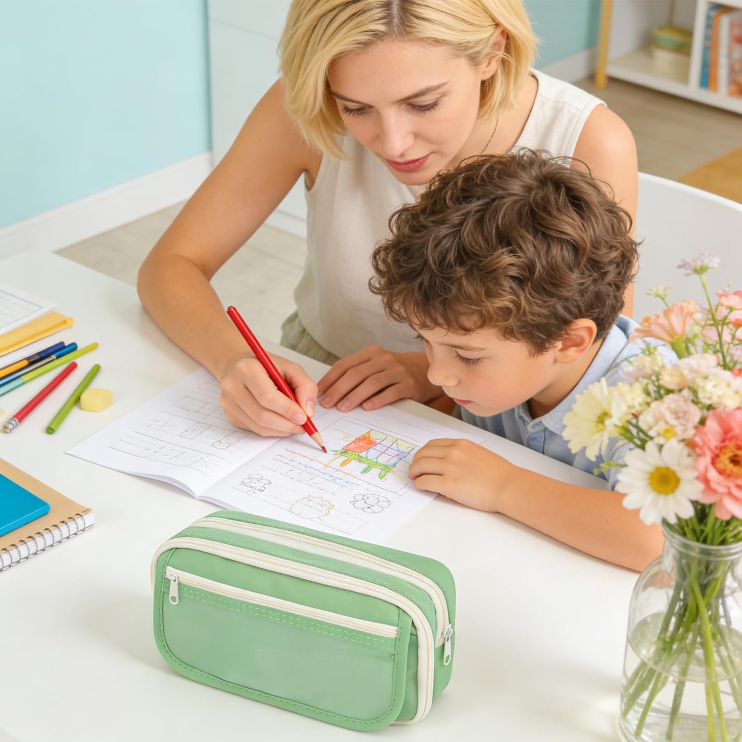 Detalle de hoinya Pencil Case, Large Capacity 8-Compartment Green Pencil Case for School & Office
