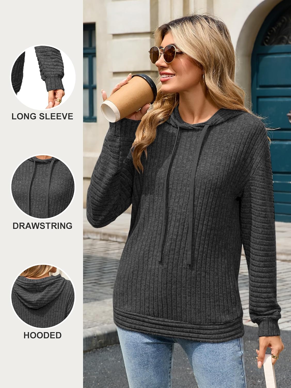 Thumbnail 3 de Famulily ribbed lightweight hoodies for women – striped long-sleeve pullover with hood