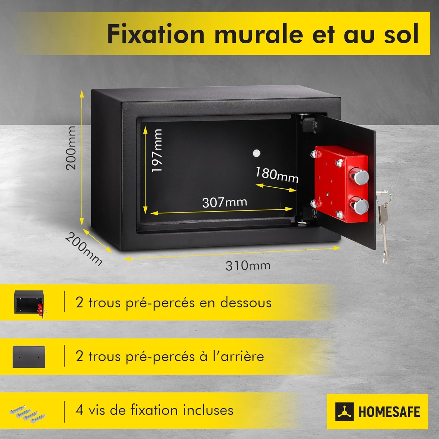 Detalle de HomeSafe HV20K Coffre-Fort à Clé 20x31x20 cm – Argent Billet, Bijoux, Sécurité à Domicile