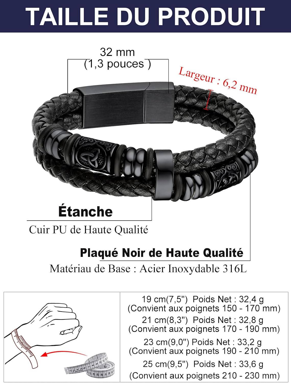 Thumbnail 5 de Bandmax Bracelet cuir tressé 25 cm