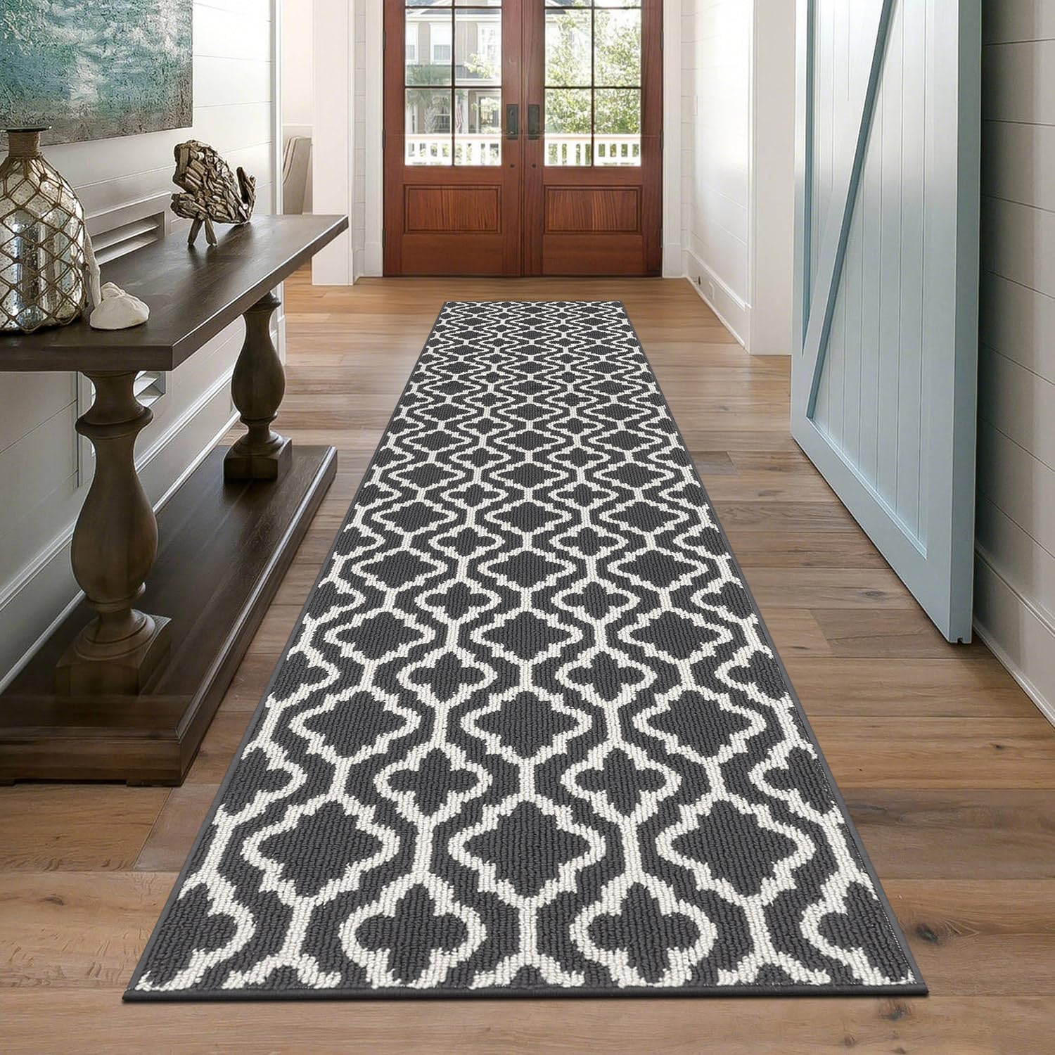 Detalle de SHACOS Extra Long Hallway Runner Rug 66 x 300 cm | Non-Slip Geometric Grey