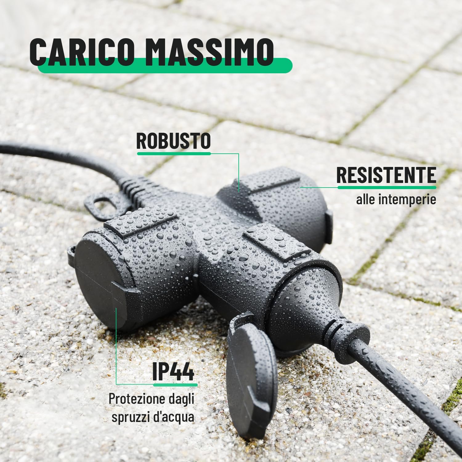 Detalle de Prolunga elettrica IP44 da 5 m con 3 prese – Greate, 3500W, 16A, cavo robusto in gomma