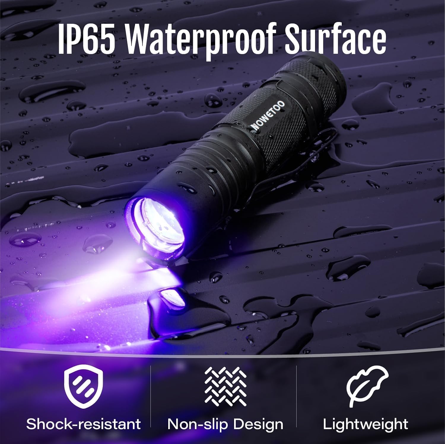 Detalle de MOWETOO UV Torch Rechargeable – Mini LED UV Lamp with 395nm Zoomable Beam
