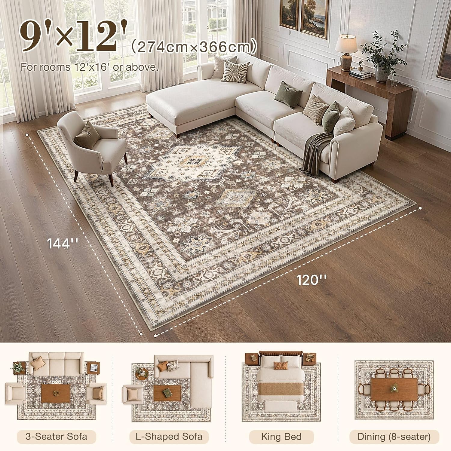 Detalle 2 de Vintage Living Room Area Rug 9x12 in Dark Brown (Traditional, Washable) for Bedroom, Office & More