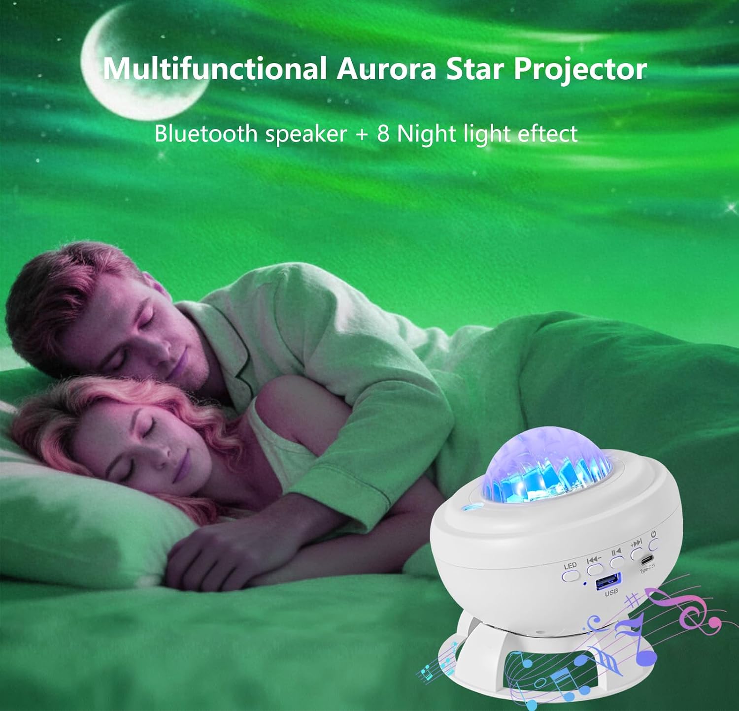 Detalle de Proiettore Stelle Soffitto LED con Lettore Bluetooth: 8 animazioni aurora boreale, altoparlante integrato e ricaricabile