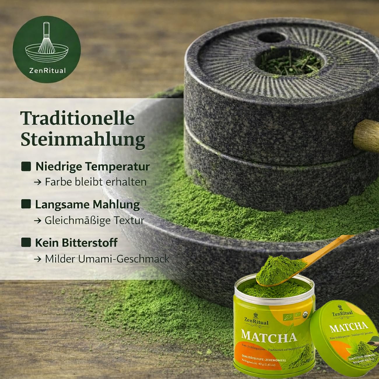 Detalle 2 de ZenRitual Matcha Pulver Bio 40g Dose – Ceremonial Grade, Tencha Erste Ernte