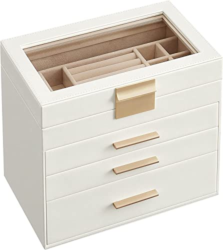 Detalle de SONGMICS GISELLA Collezione – Portagioie con Coperchio in Vetro, 4 Livelli, 31 Scomparti, Bianco Nuvola e Dorato