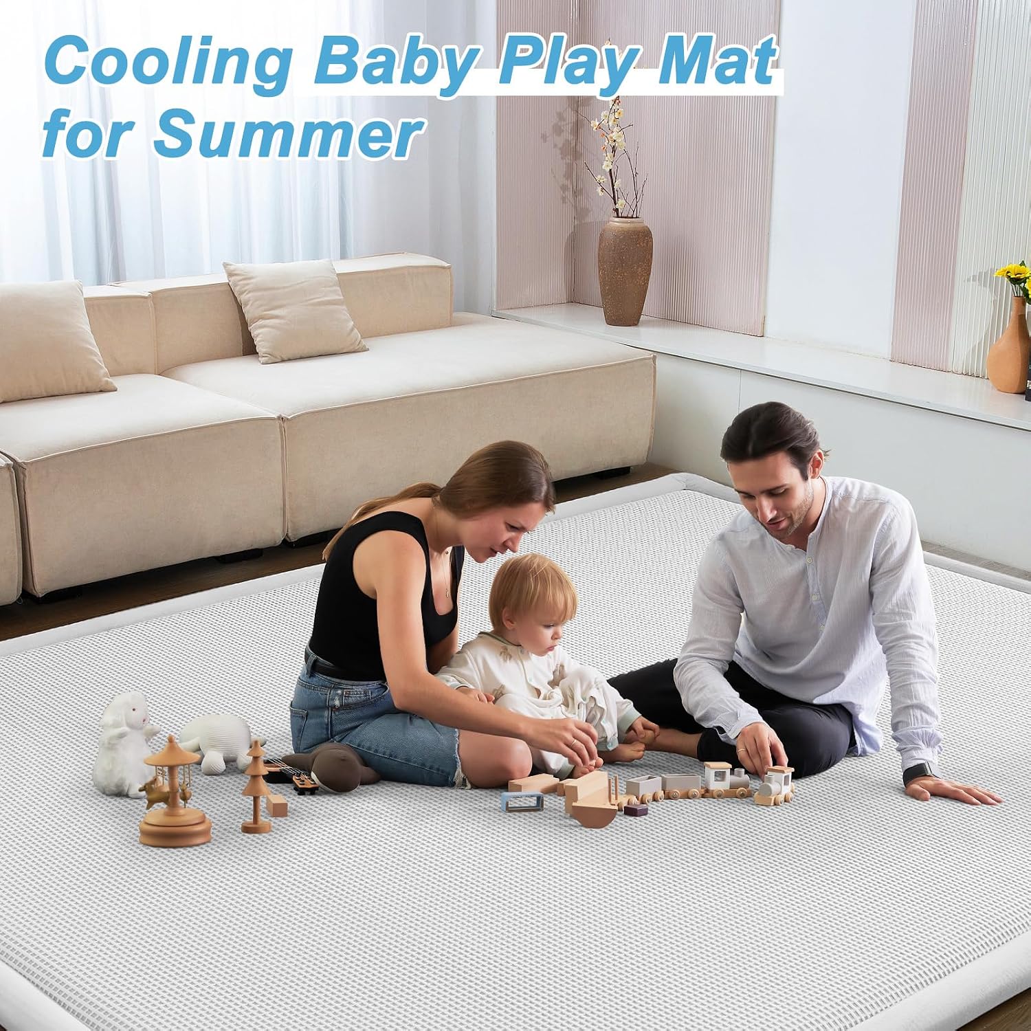 Detalle 2 de ILPEOD Baby Play Mat, 59 x 79-Inch Plaid Light Gray Rug with 1.3-Inch Foam