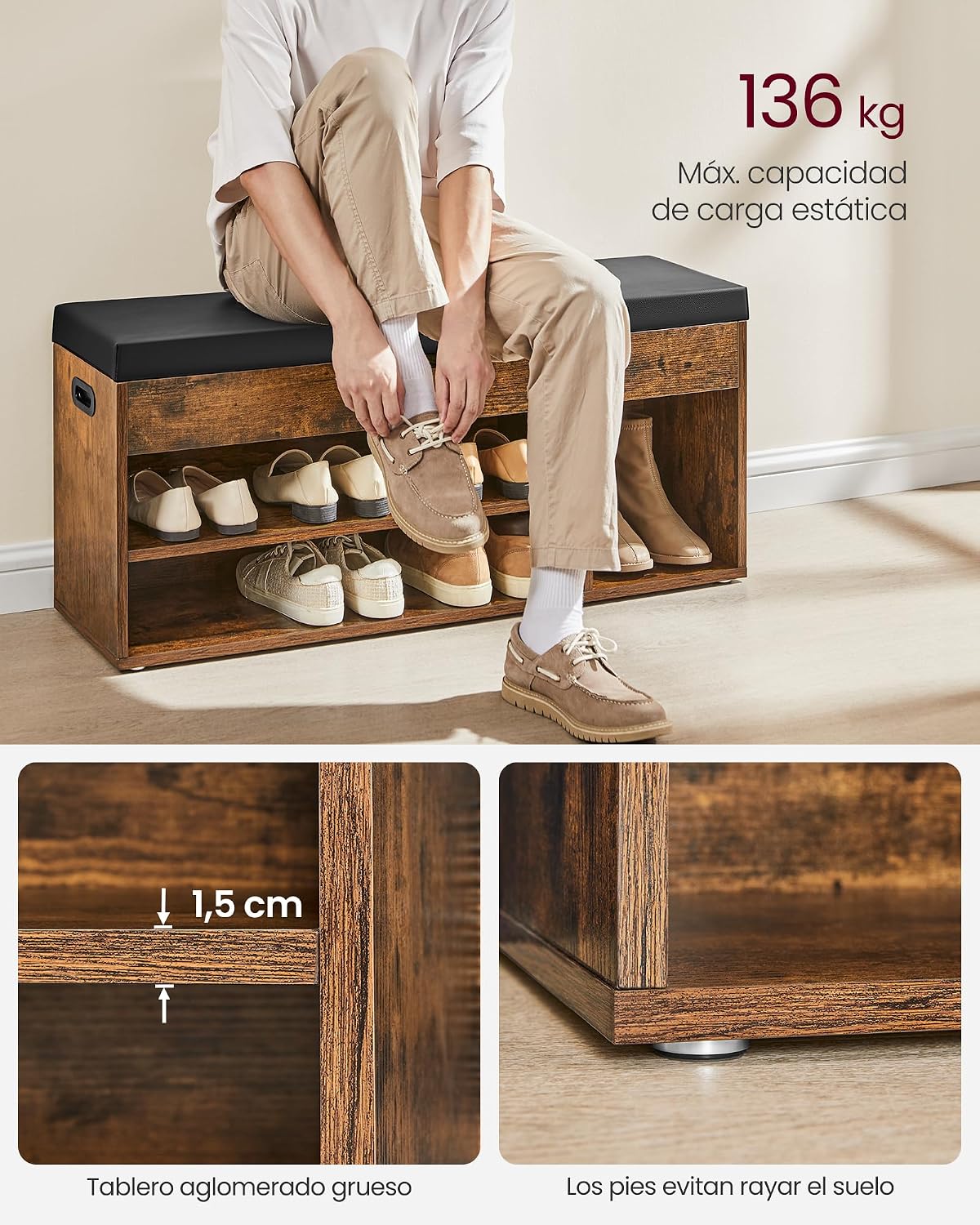 Detalle 2 de VASAGLE LHS130B01 Banco zapatero 136 kg