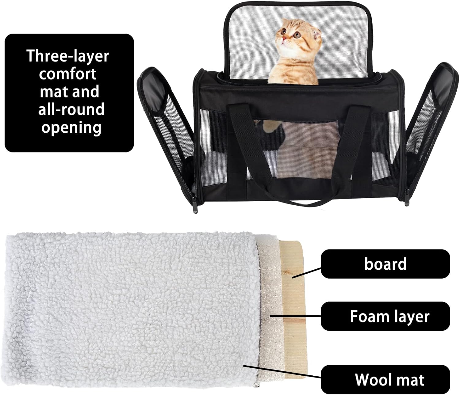 Detalle de Cat Carrying Case — Airline Approved Pet Carrier with Removable Fleece Pad (X-Large, Black)