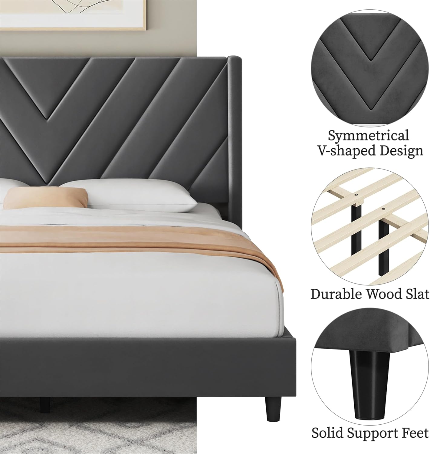 Detalle 1 de Yaheetech YT-00144802 Queen Upholstered Bed Frame, Deep Gray Velvet