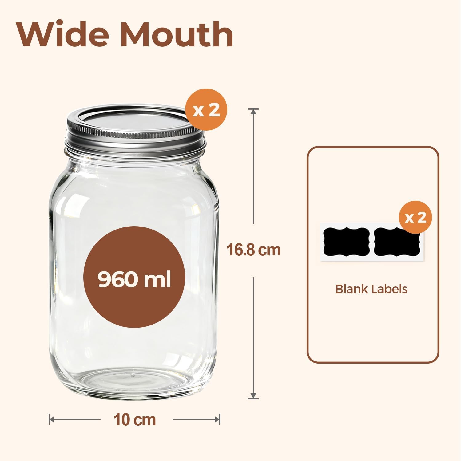 Detalle de ComSaf Wide Mouth Glass Mason Jars, 960 ml, 2 Pack with Two-Piece Lids