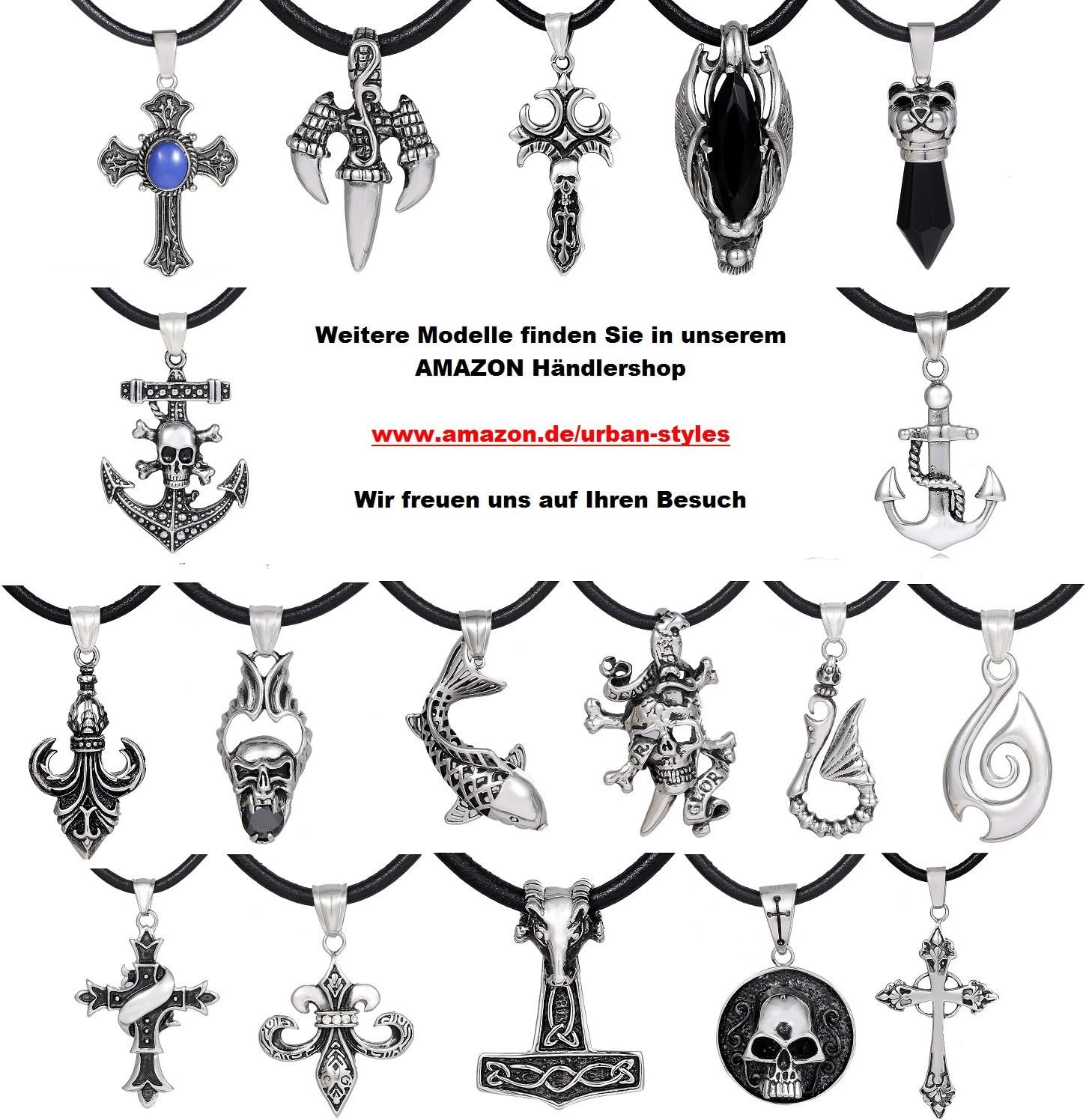Thumbnail 2 de Collana uomo DonDon in pelle con ciondolo pirati e ancora in acciaio inox, 50 cm