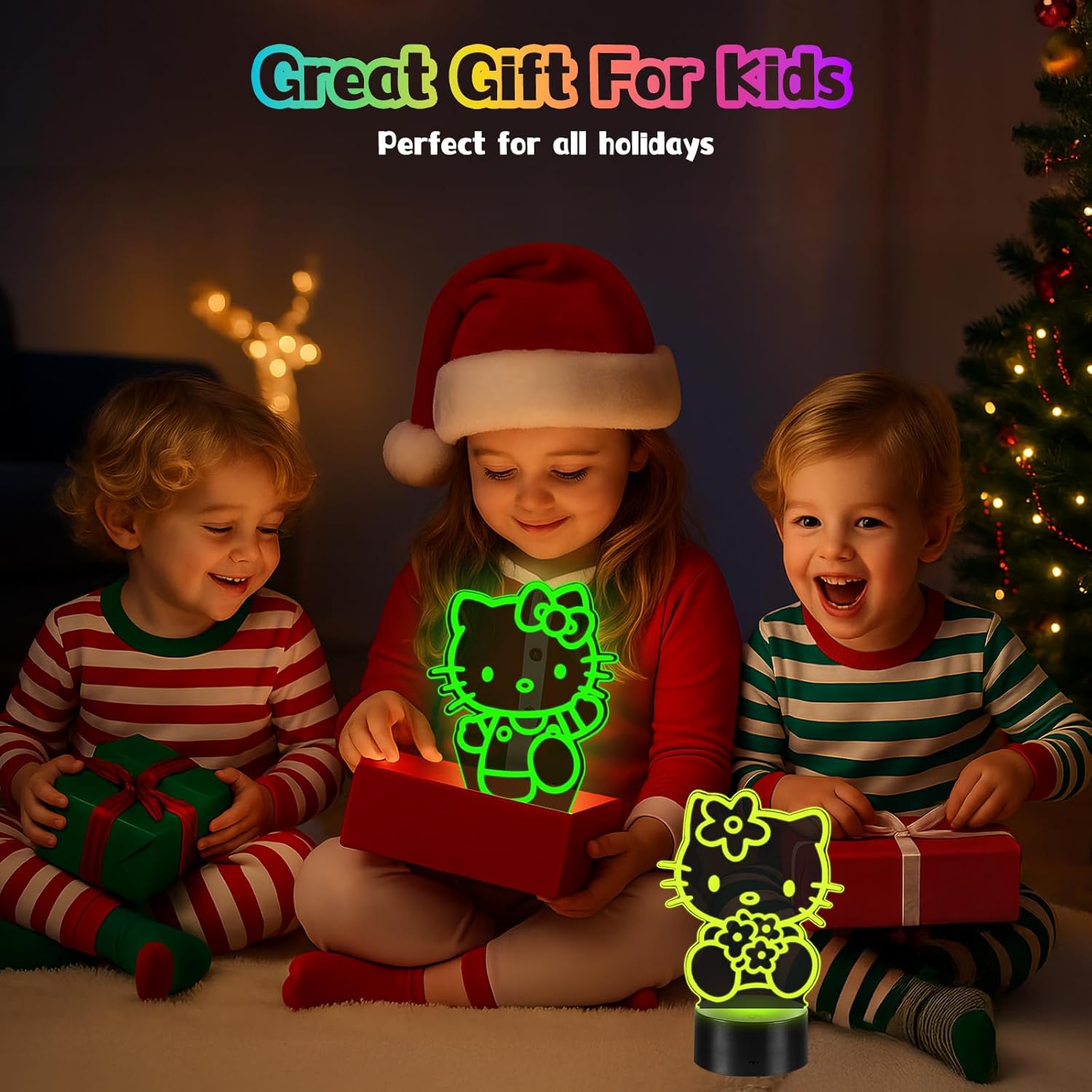Detalle 2 de Dagydali 2-en-1 Kitty Veilleuse 3D LED pour enfants — 16 couleurs et télécommande