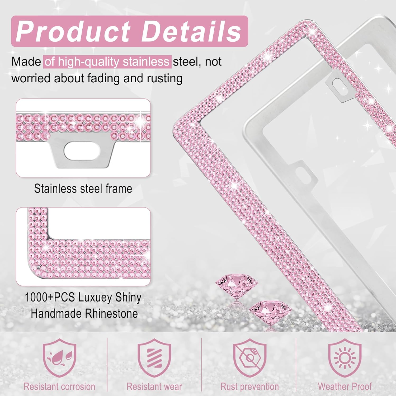 Detalle de Amiss Bling women’s license plate frame (2-pack) with rhinestone sparkle caps – Pink stainless steel