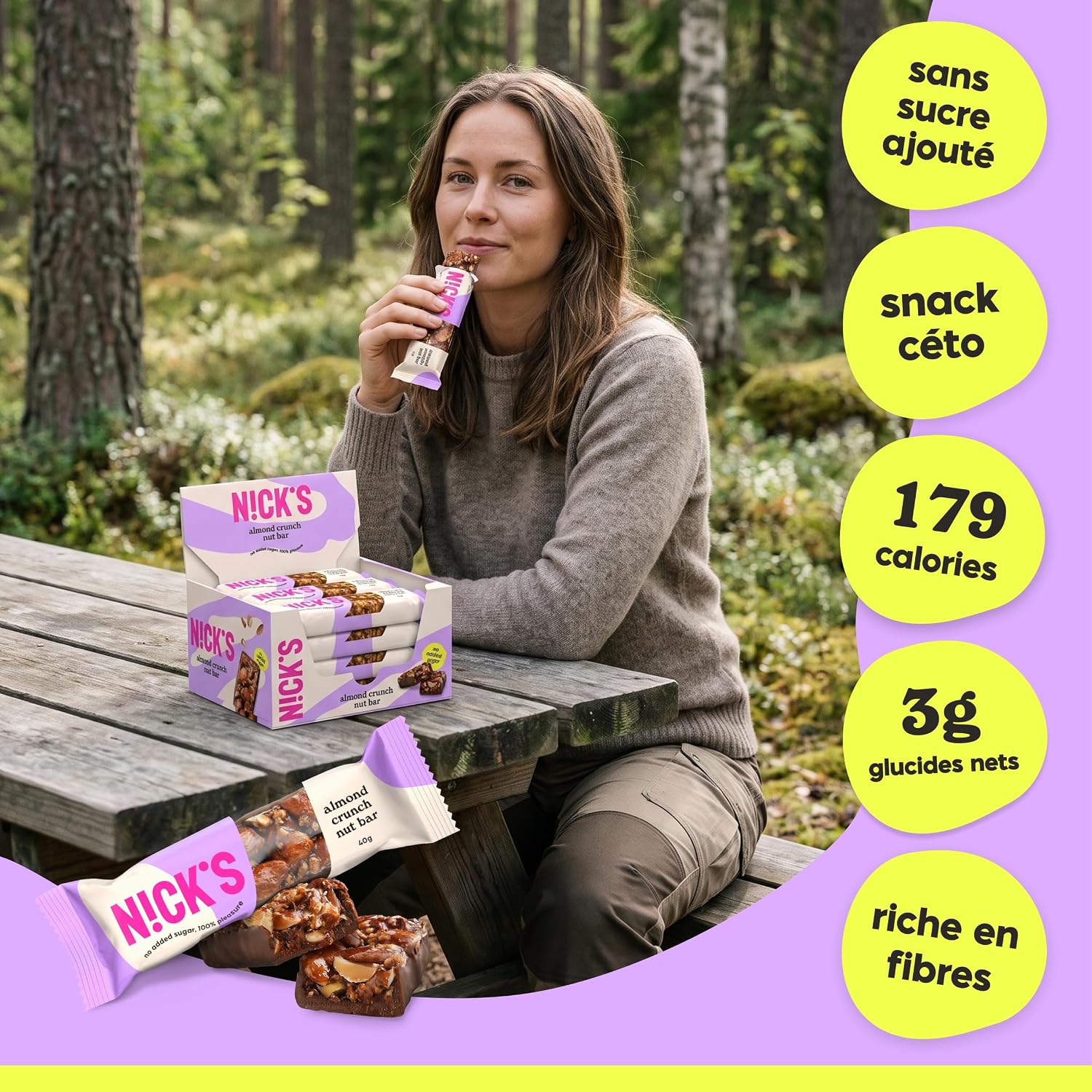 Detalle 2 de NICKS amandel-chocoladerepen, 12 x 40 g, knapperig en zonder toegevoegde suiker