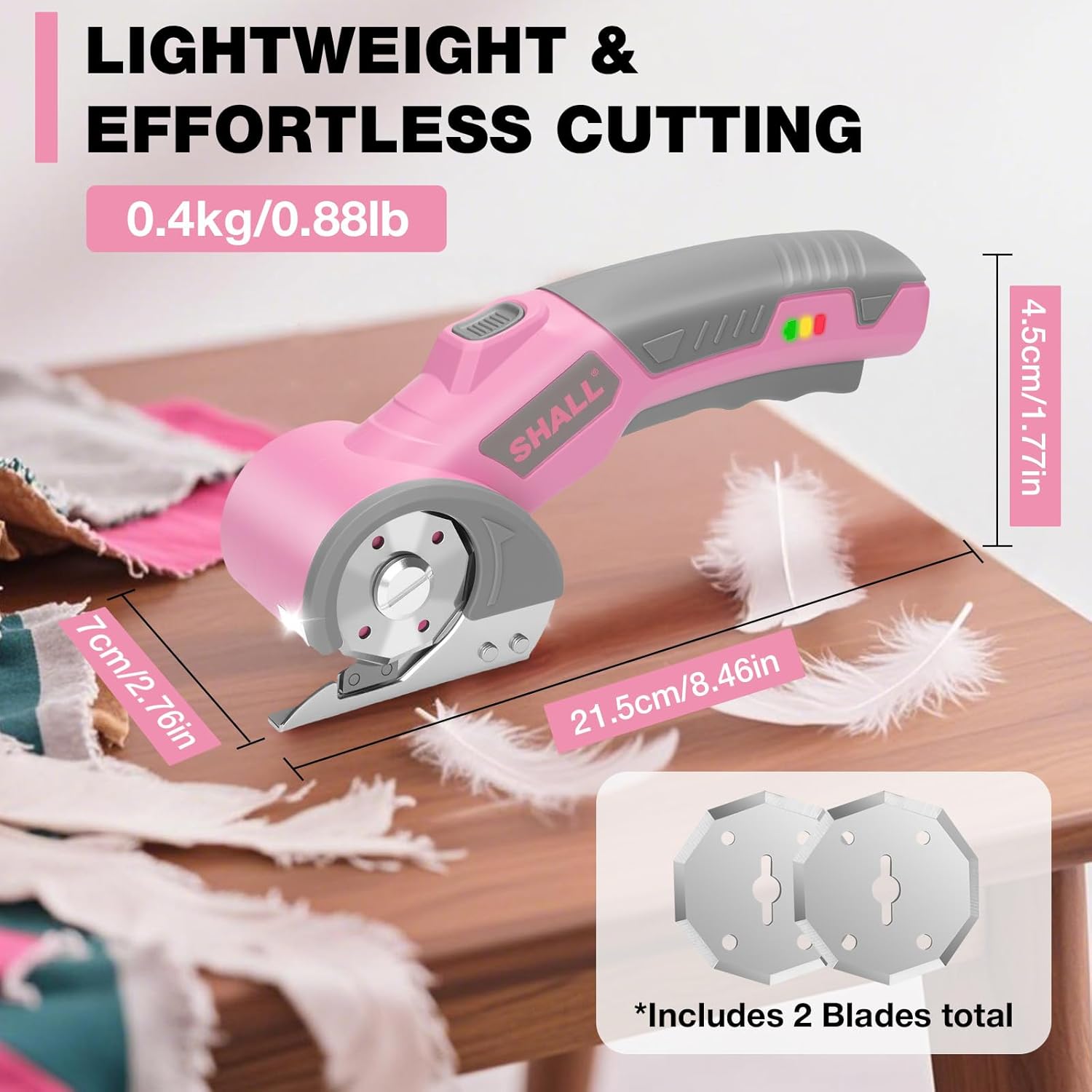 Thumbnail 3 de SHALL 4V Cordless Electric Scissors (Rotary Cutter) with Safety Lock, LED & Replacement Blade – Pink & Grey