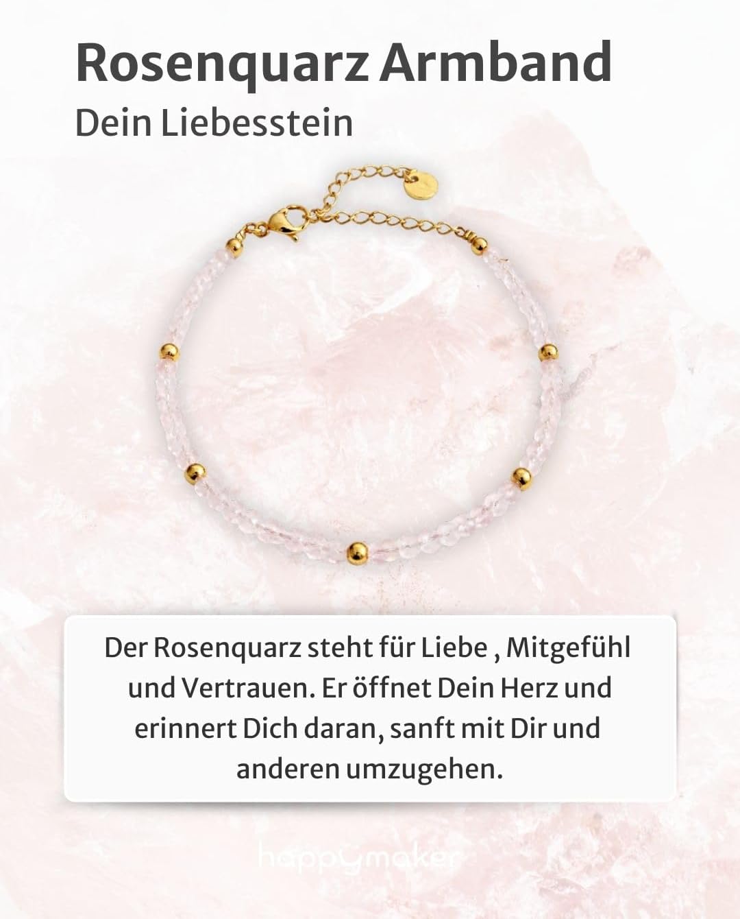 Detalle de happymaker Rosenquarz-Perlenarmband aus 925 Sterling Silber (oder vergoldet) mit Verlängerungskette