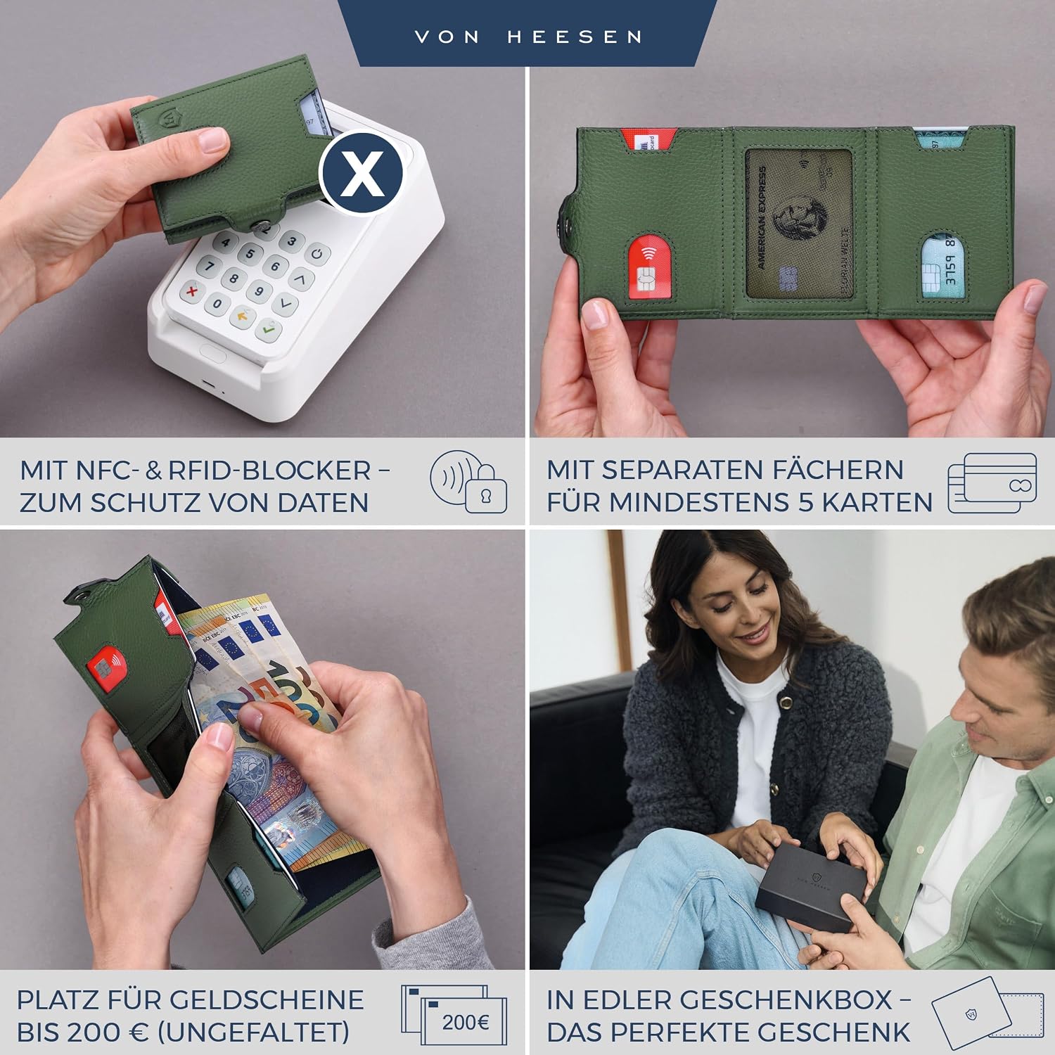 Detalle 2 de VON HEESEN Slim Wallet mit XXL Münzfach & RFID-Schutz – Echtes Leder, kompakt und grün