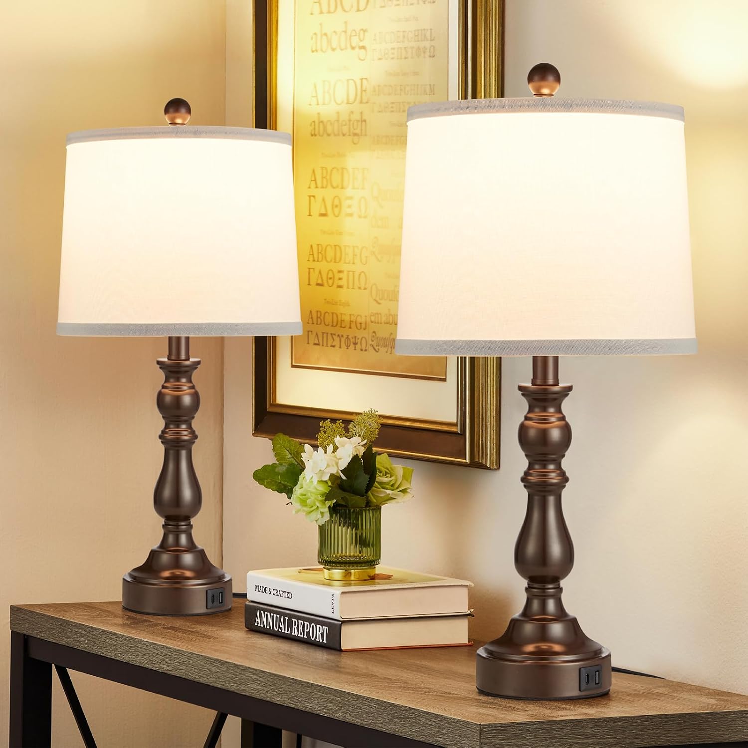 Detalle de Leasgy L-2T-138-G Table Lamp Set of 2, USB-A and USB-C Ports