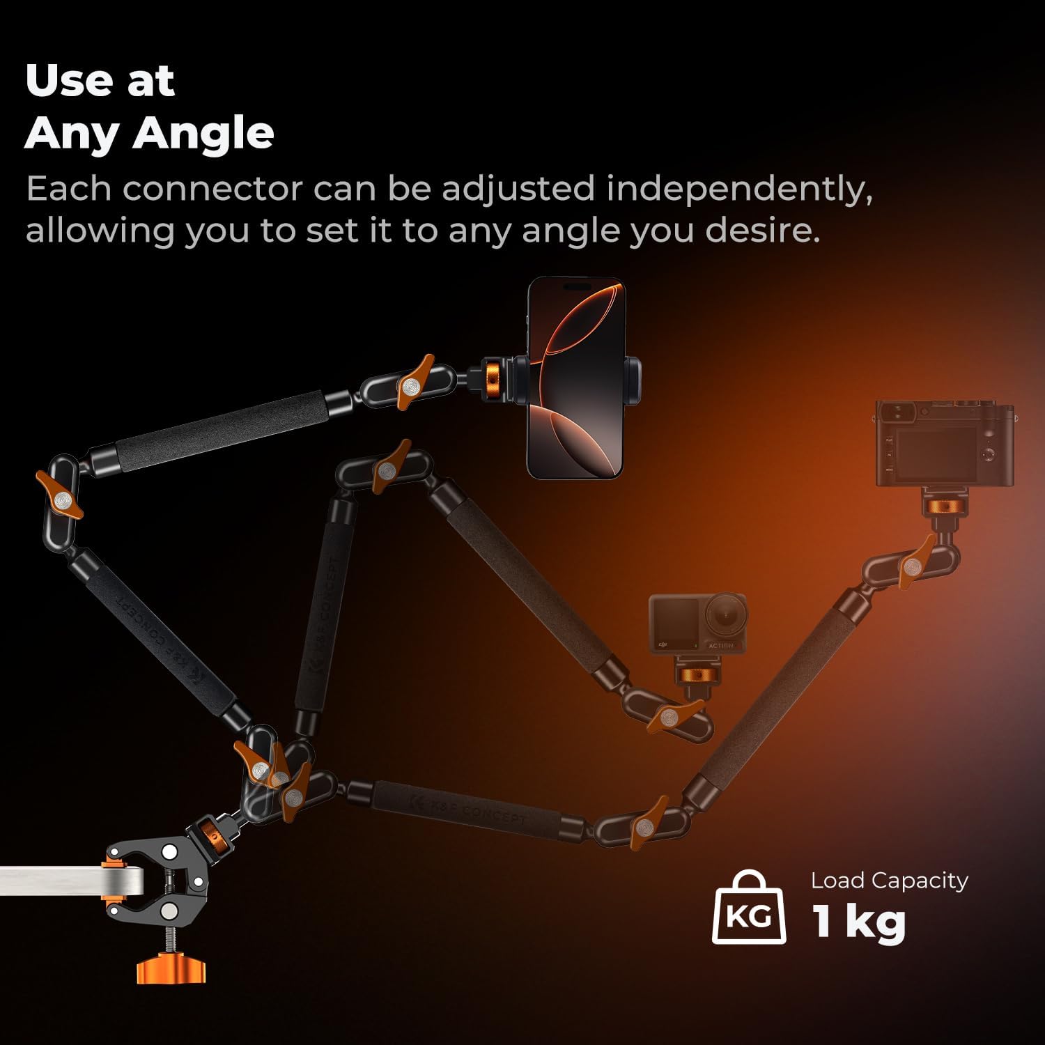 Detalle 2 de K&F CONCEPT 22" Magic Arm Clamp overhead desk camera mount with action camera adapter