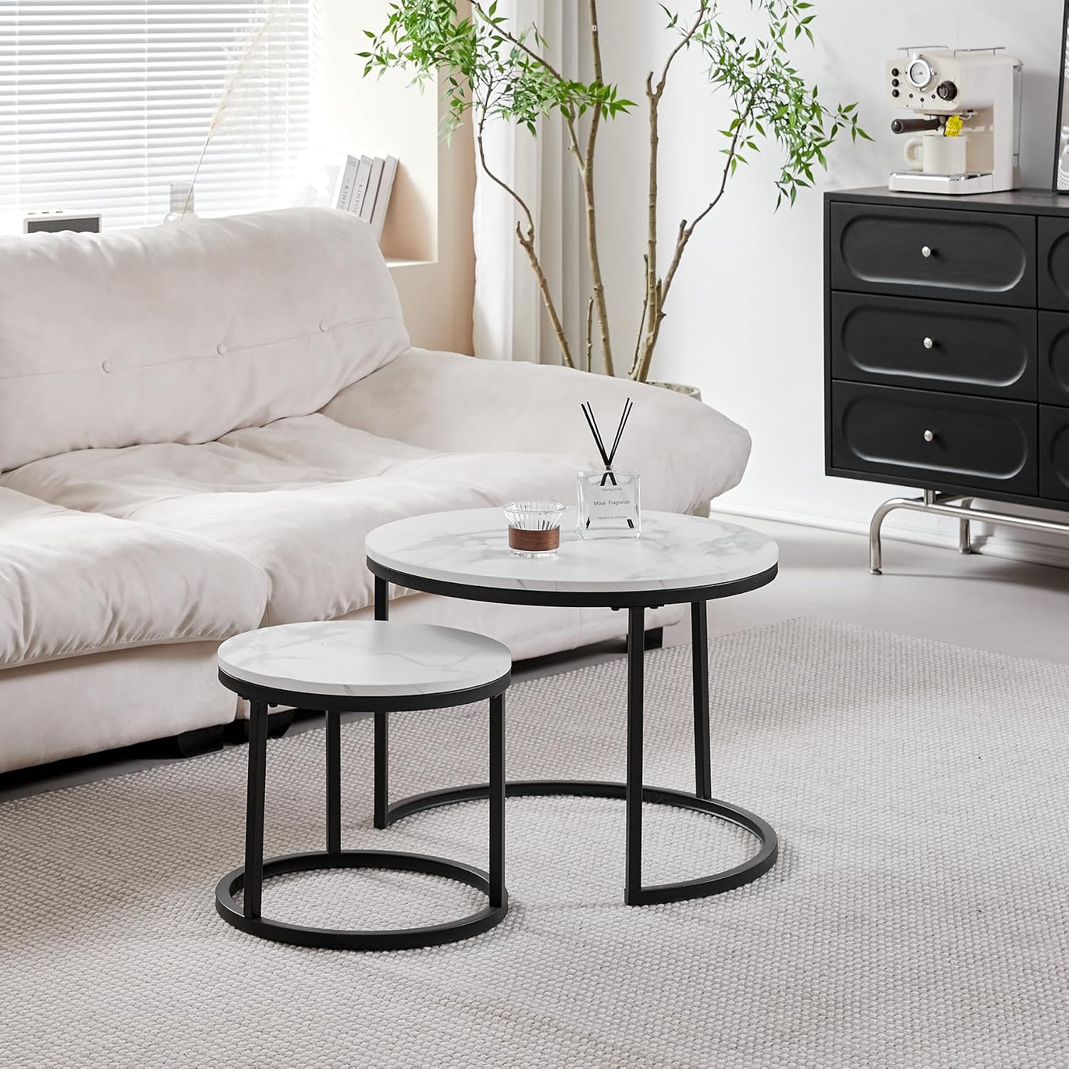 Thumbnail 6 de HJhomeheart set van 2 ronde bijzettafels, zwart-wit met marmerlook
