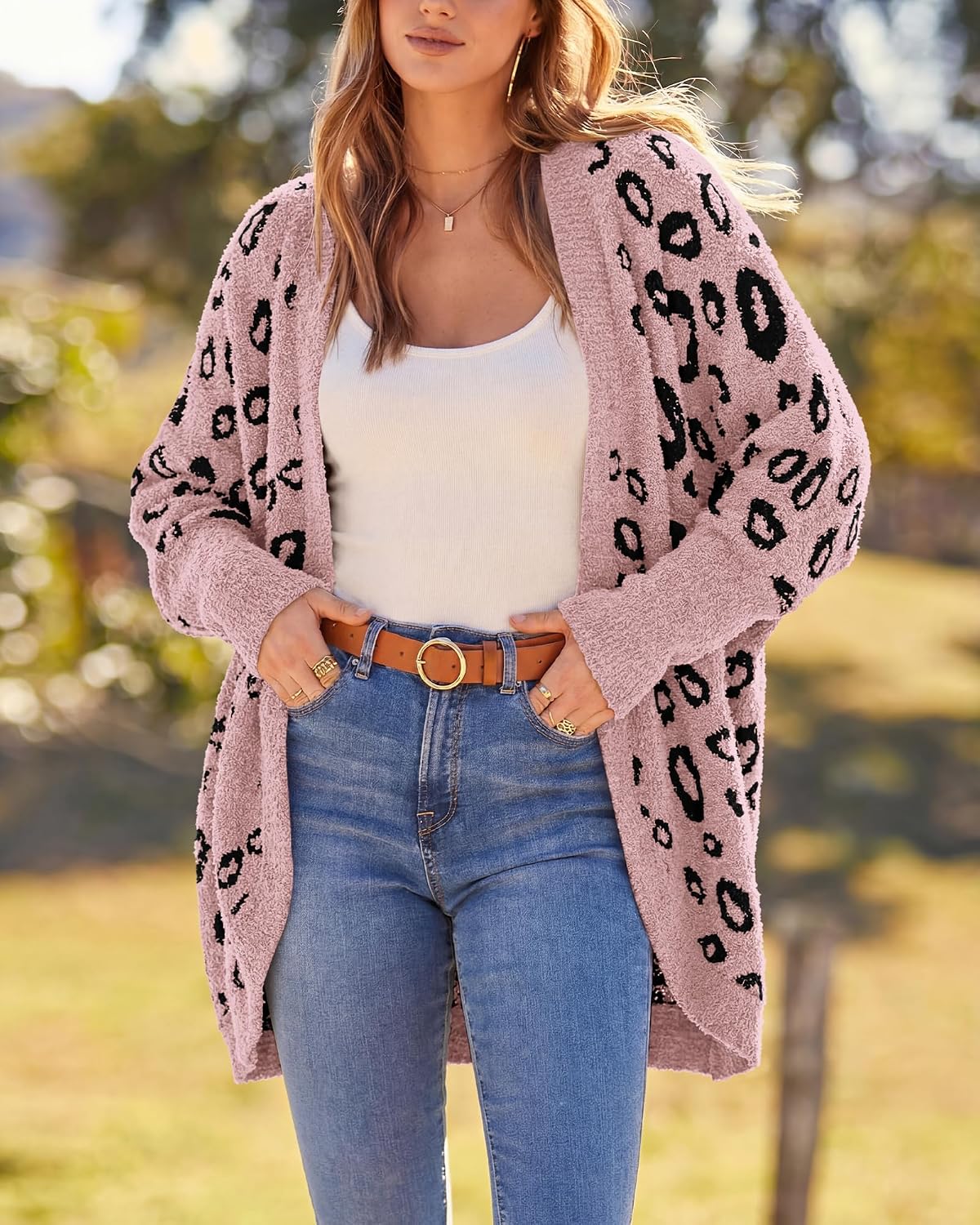 Detalle de BTFBM BT368 Leopard-Print Women's Cardigan, Batwing Sleeves, Loose Knit