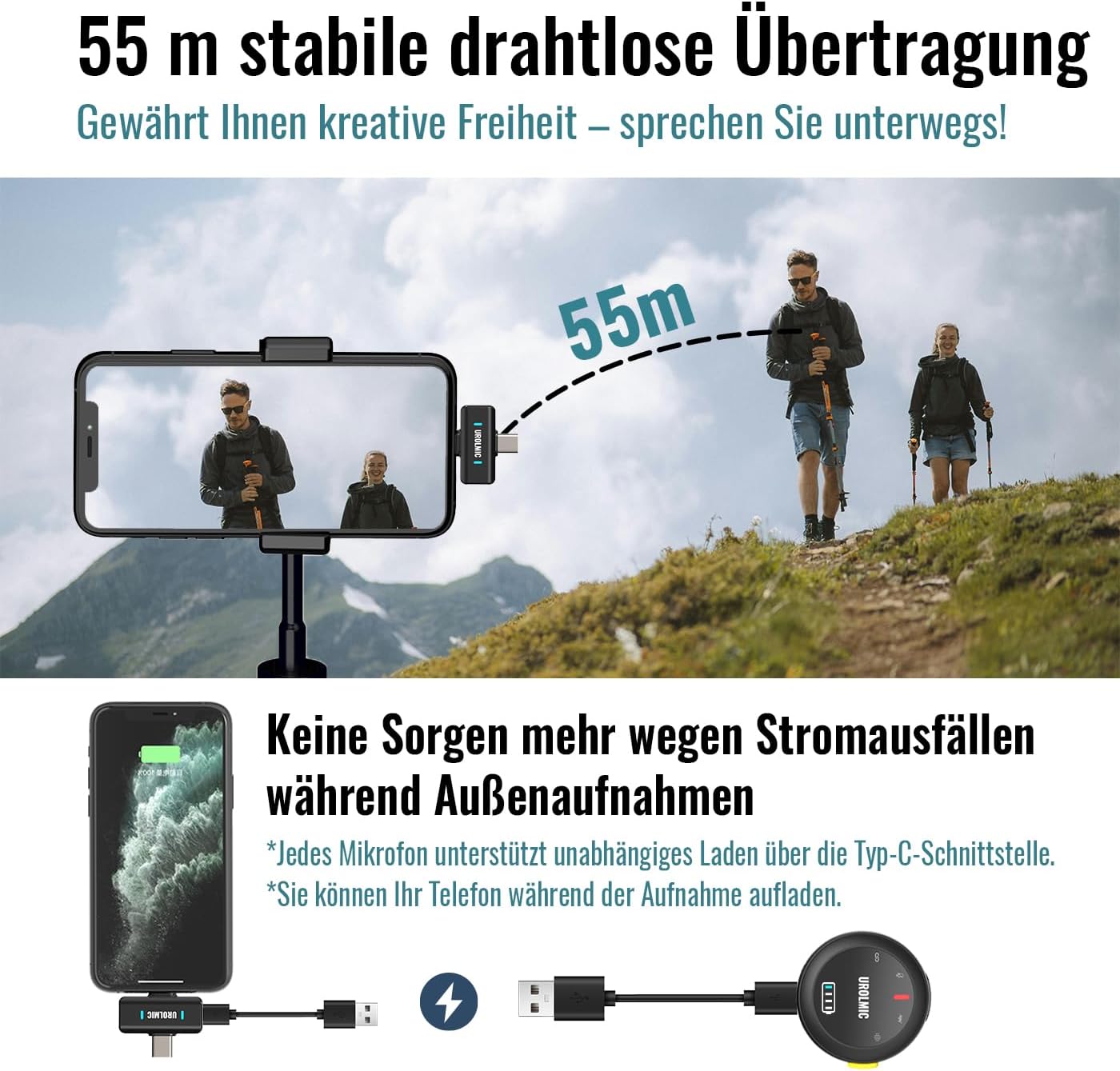 Thumbnail 6 de UROLMIC 2-in-1 Lavalier-Mikrofon mit Lade-Etui (bis zu 40 Std.), Profi-NR & 55 m Funkreichweite