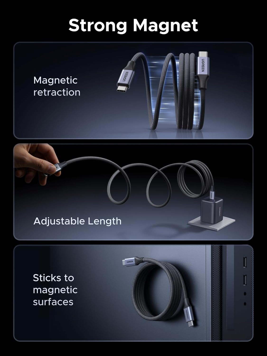 Thumbnail 1 de UGREEN Magnetic USB-C Cable (240W) – Coiled Retractable 1m USB-C to USB-C Fast Charging