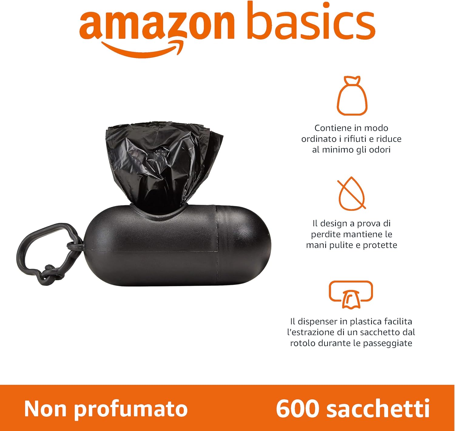 Detalle de Amazon Basics Sacchetti igienici per cani con dispenser e clip per guinzaglio, 600 pezzi (40 confezioni da 15 sacchetti)