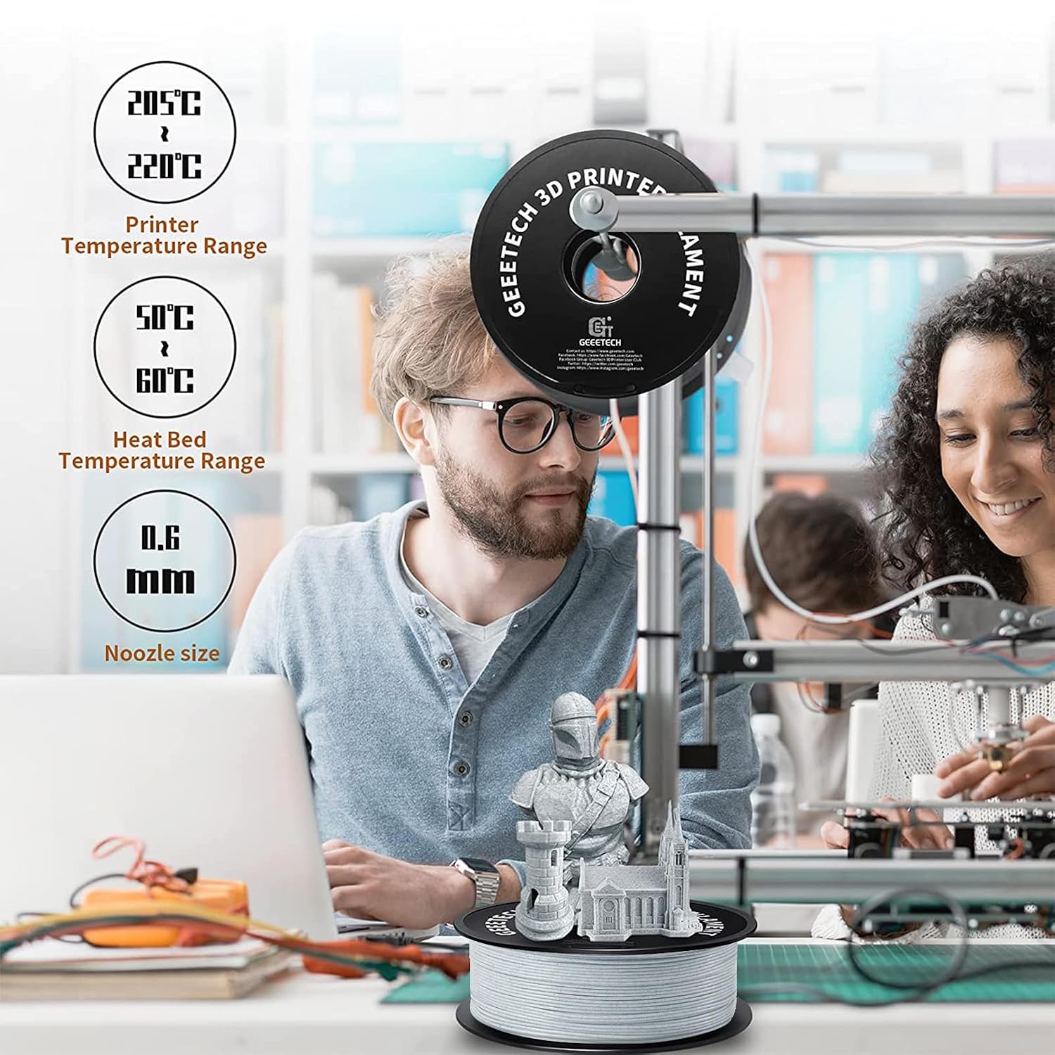 Detalle 1 de Geeetech Marble PLA 3D Printer Filament, White-Grey, 1kg Spool
