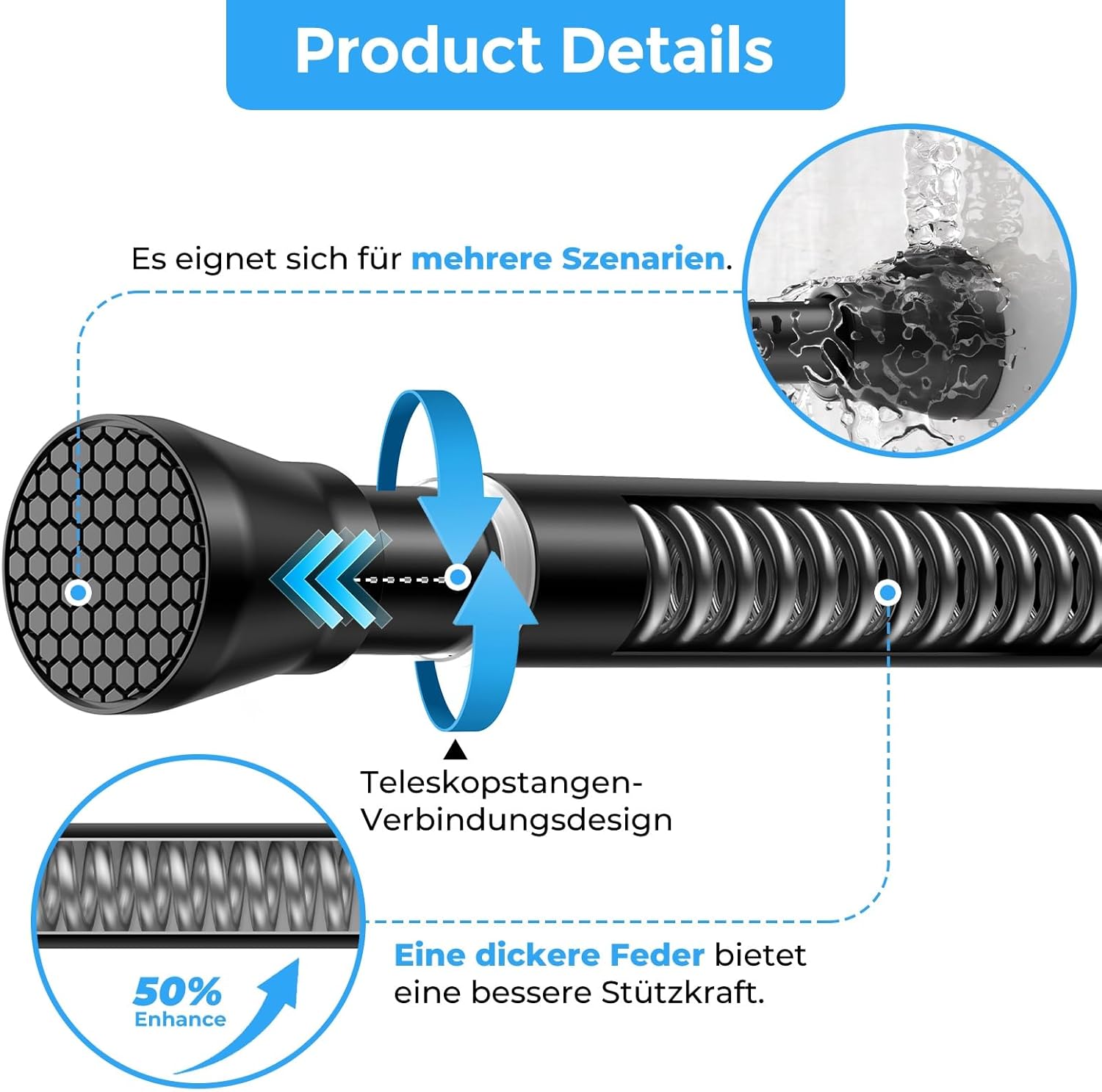Thumbnail 4 de Zipglo Teleskop-Duschvorhangstange ohne Bohren (113–196 cm) in Schwarz – Spannstange für Bad, Küche & mehr