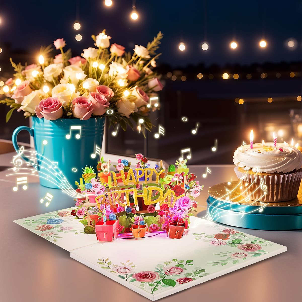 Thumbnail 2 de CNLITIHEKA YYFH-01 3D Musical Birthday Card, Floral Pop-Up with Lights