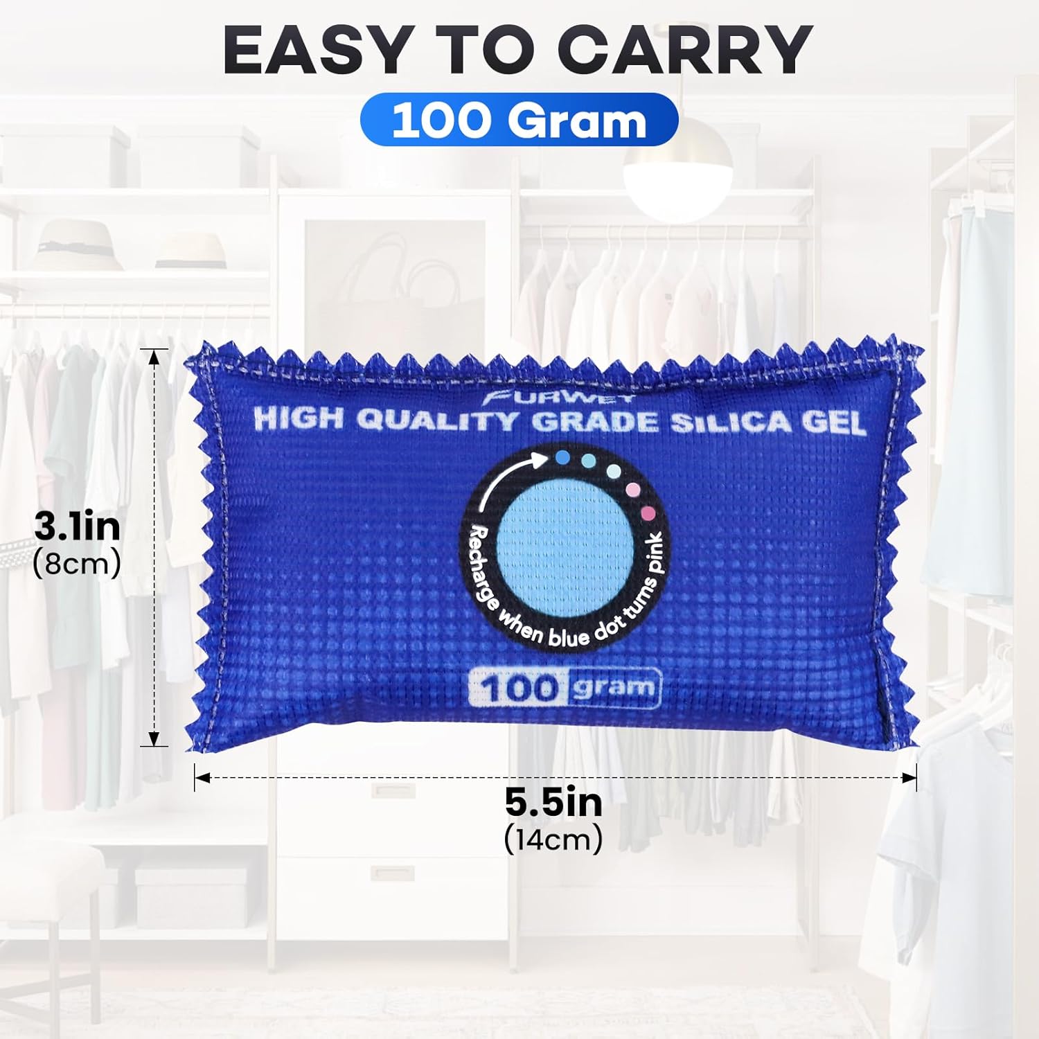 Thumbnail 1 de FURWEY 100g Rechargeable Desiccant Packs (6 Packs) with Color Indicating Silica Gel for Storage
