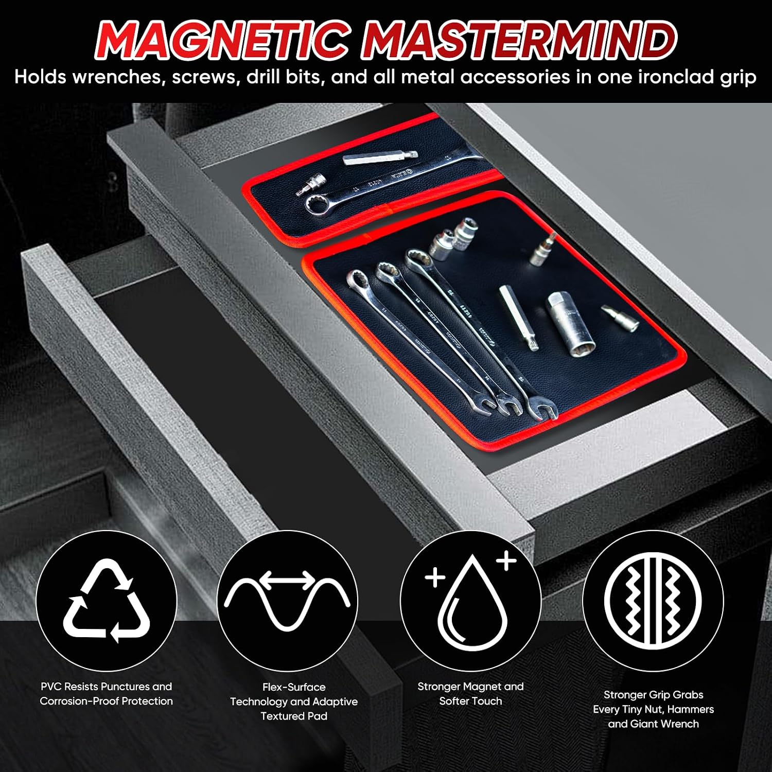 Detalle de Arcomin Flexible Magnetic Tool Mat Set, 3 Sizes with PVC Surface and Thread Gauge