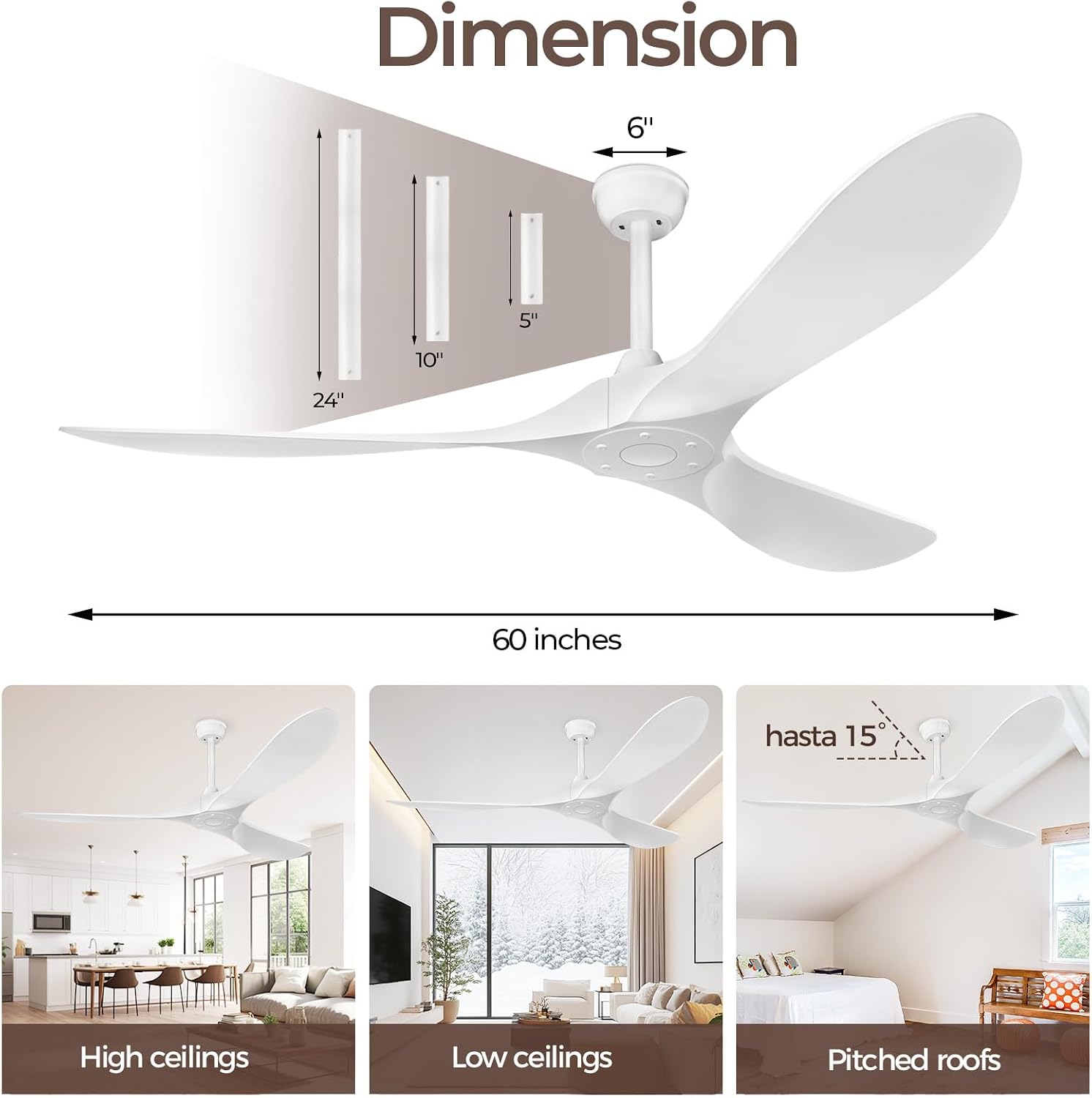Detalle de Obabala HY-QWABS001-60-003-3 60-Inch Ceiling Fan, White, No Lights
