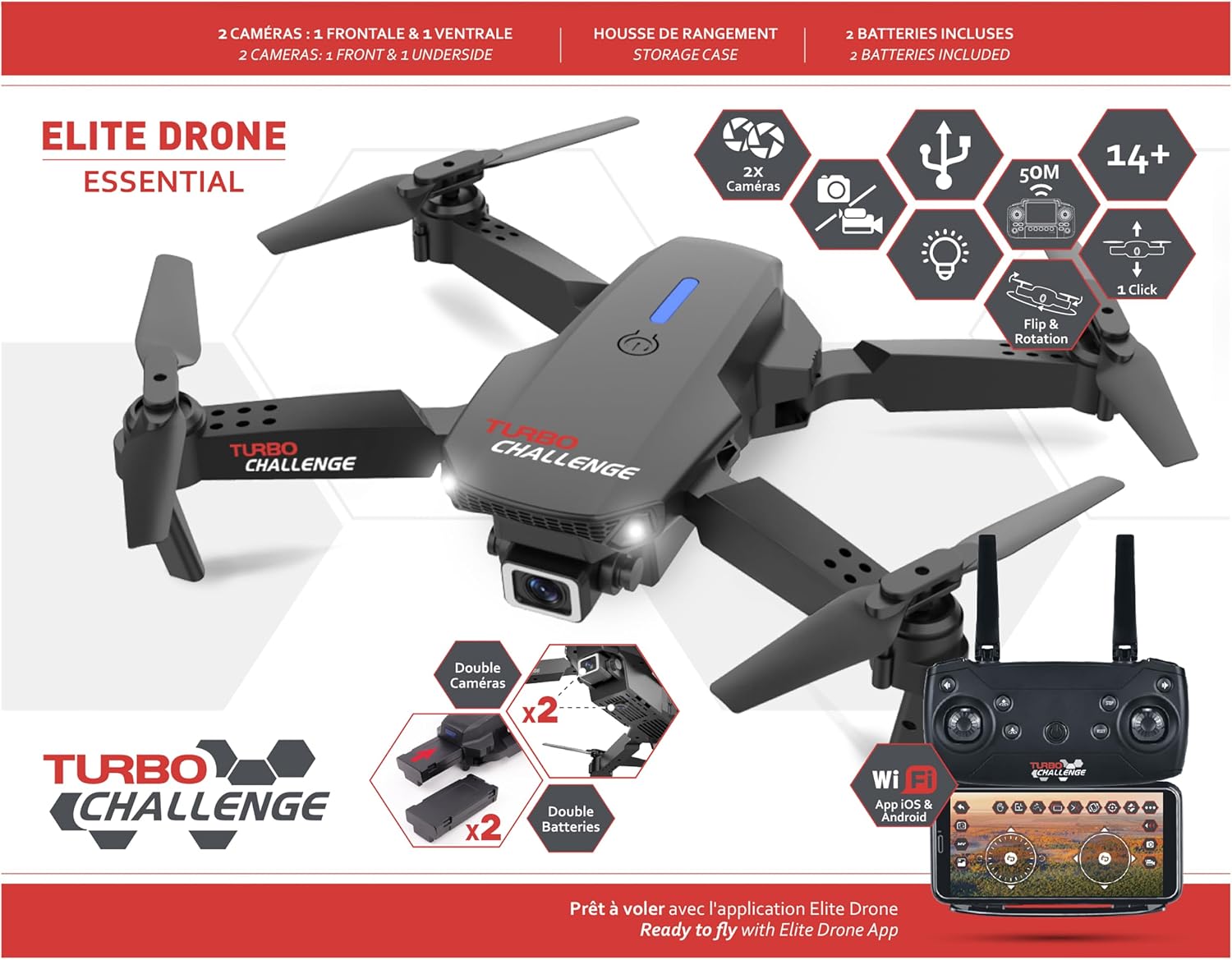 Detalle de TURBO CHALLENGE 400350 quadcopter met dubbele camera, wifi en 360°-flip