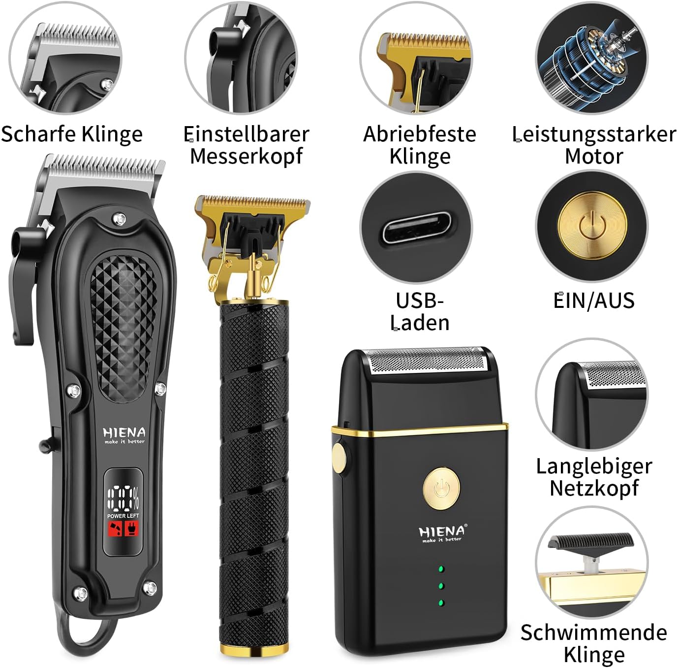 Detalle de HIENA PRO Profi Haarschneidemaschine Set – kabelloser Allrounder für Haar, Bart und Folienrasur