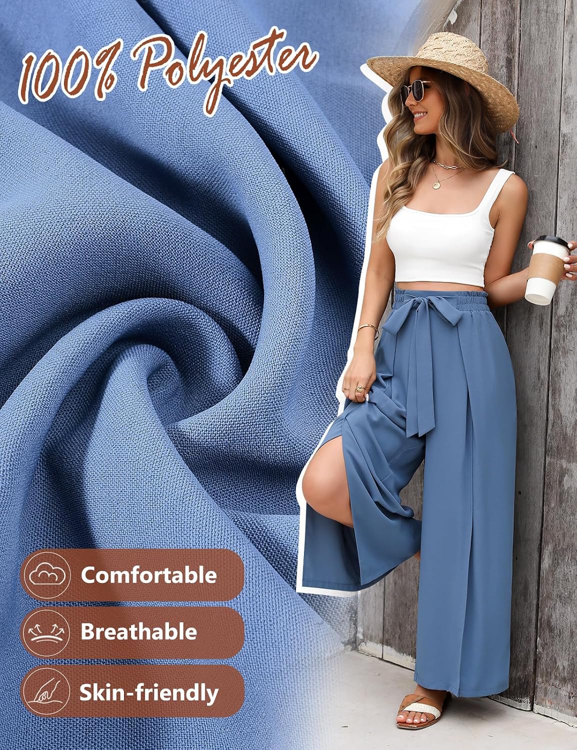 Detalle de Svanco Pantalon d'été fluide pour femme à jambes larges et ouvertes, taille élastiquée