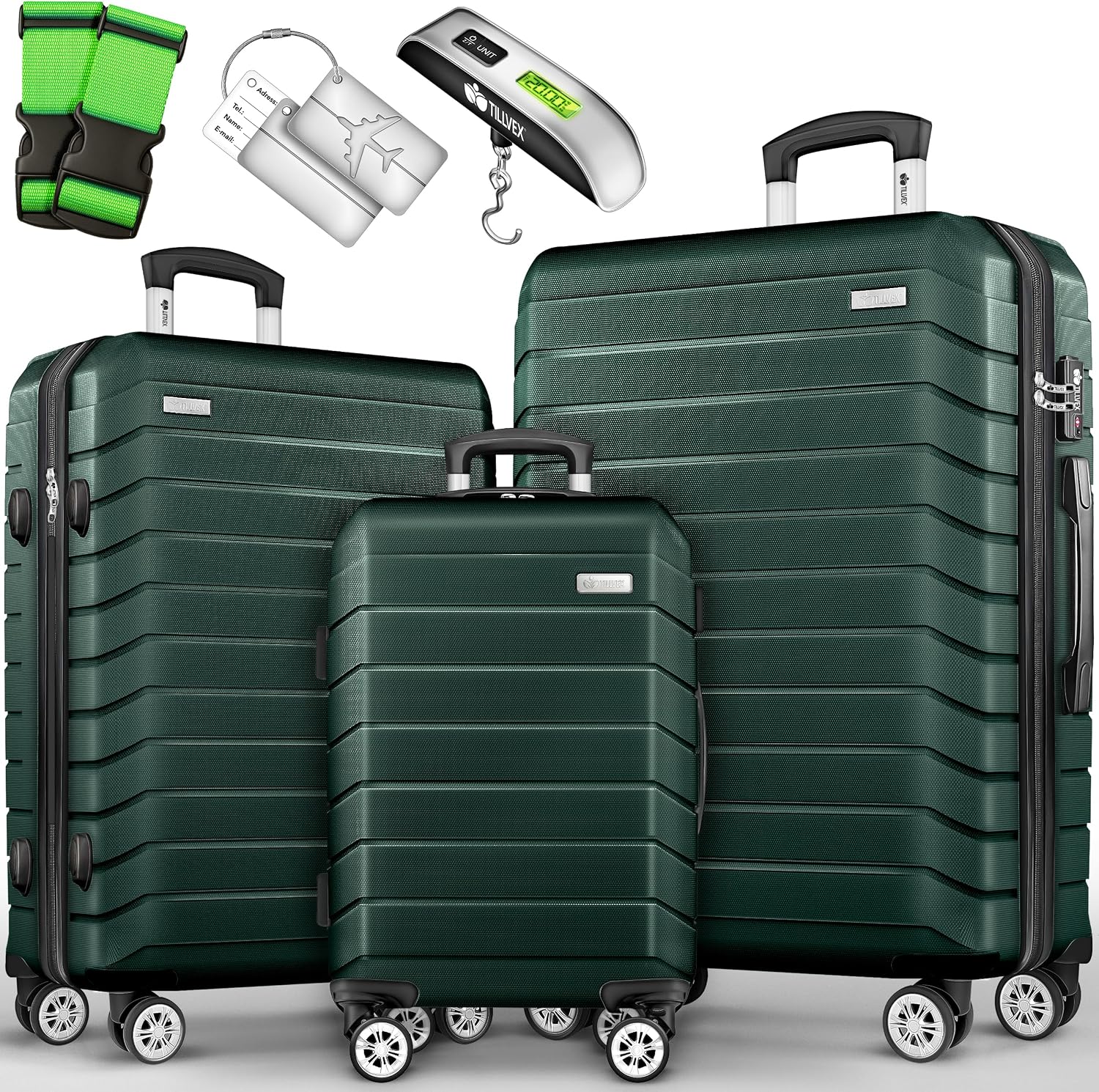 Detalle de Tillvex Set di valigie rigide 3 pezzi con bilancia, TSA e accessori – verde militare