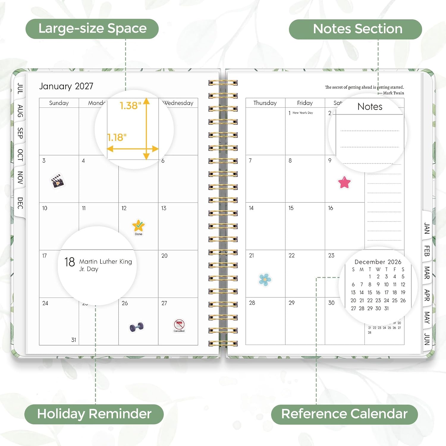 Detalle de KONVINIT Academic Planner 2026-2027, A5 Green Leaves Monthly Planner