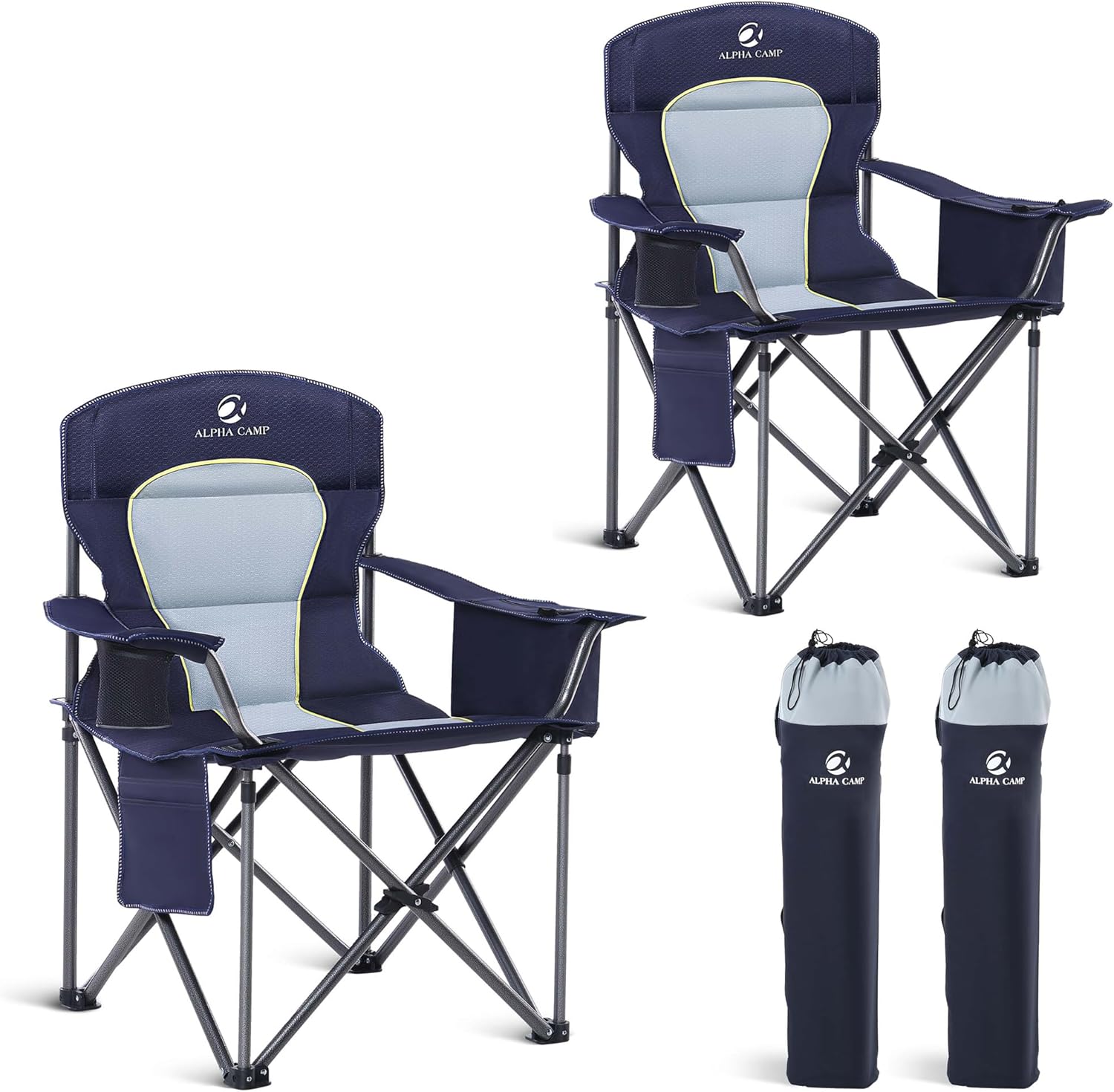 Detalle de ALPHA CAMP Set of 2 Heavy-Duty Folding Camping Chairs (Up to 200kg) – Navy, with Cup Holder, Cooler Bag and Side Pocket